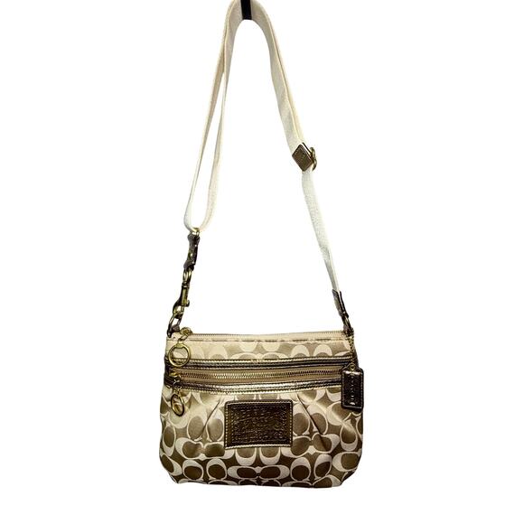 COACH Poppy Signature Crossbody Gold/Khaki Satin – Small Convertible Bag - Picture 2 of 7